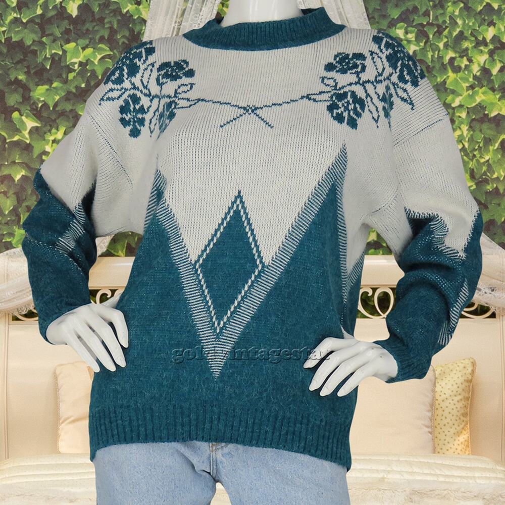 Keren 90s Floral & Geometric Knit Sweater L Vintage Chic